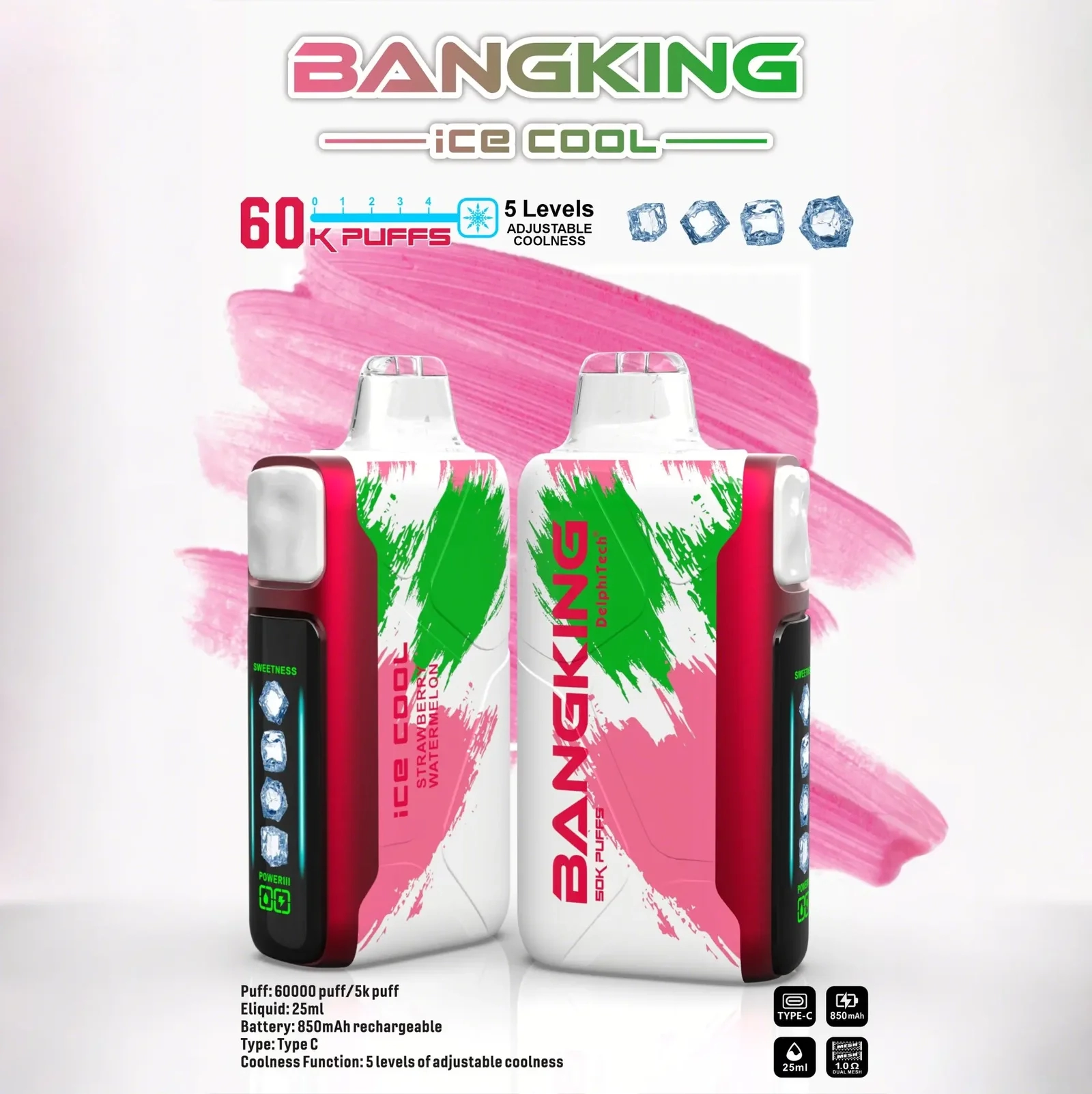 Bang King 60000 拋棄式電子煙|LED 螢幕顯示 × 五檔冰度調節|超長續航大容量・多款口味:圖片 3